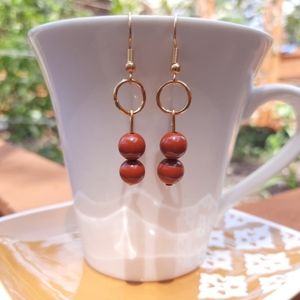 Red Jasper Stone Circle Gold Tone Dangle Earrings